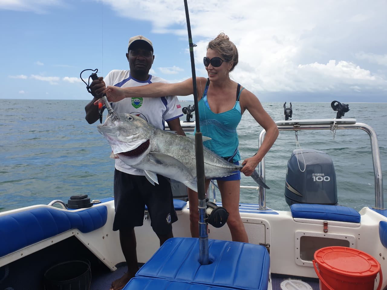 Fishing out of Vilankulos with husband Wantie aboard Caras, Carine Burger let this nice GT go one afternoon around new year.